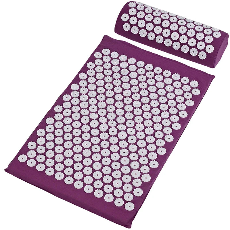 tapis acupression + coussin d'acupression violet posés à plat